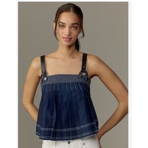 PILCRO Denim Pleated Pinafore Top Dress Black Straps White Stitching Size M